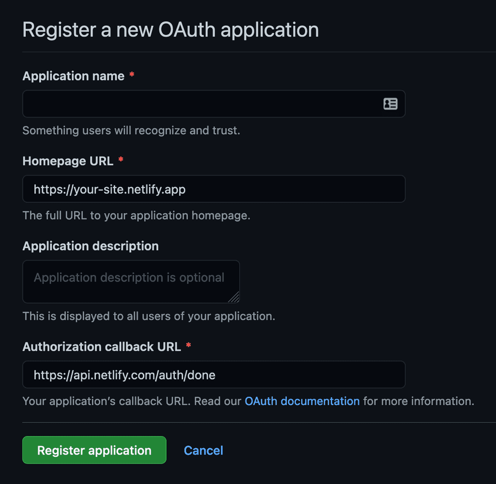 New Github OAuth app registration